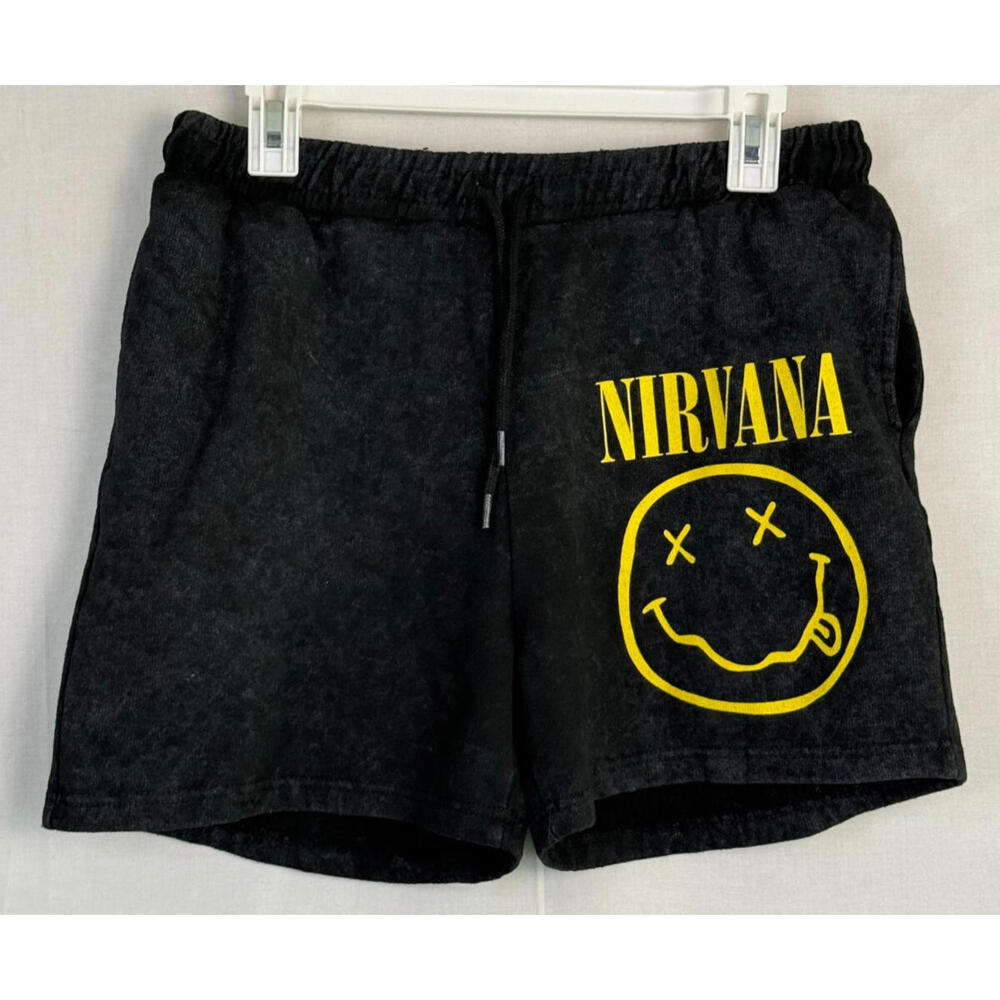Nirvana 4" Sweatshorts Men's Large Black Grunge Smiley Face Band Kurt Cobain